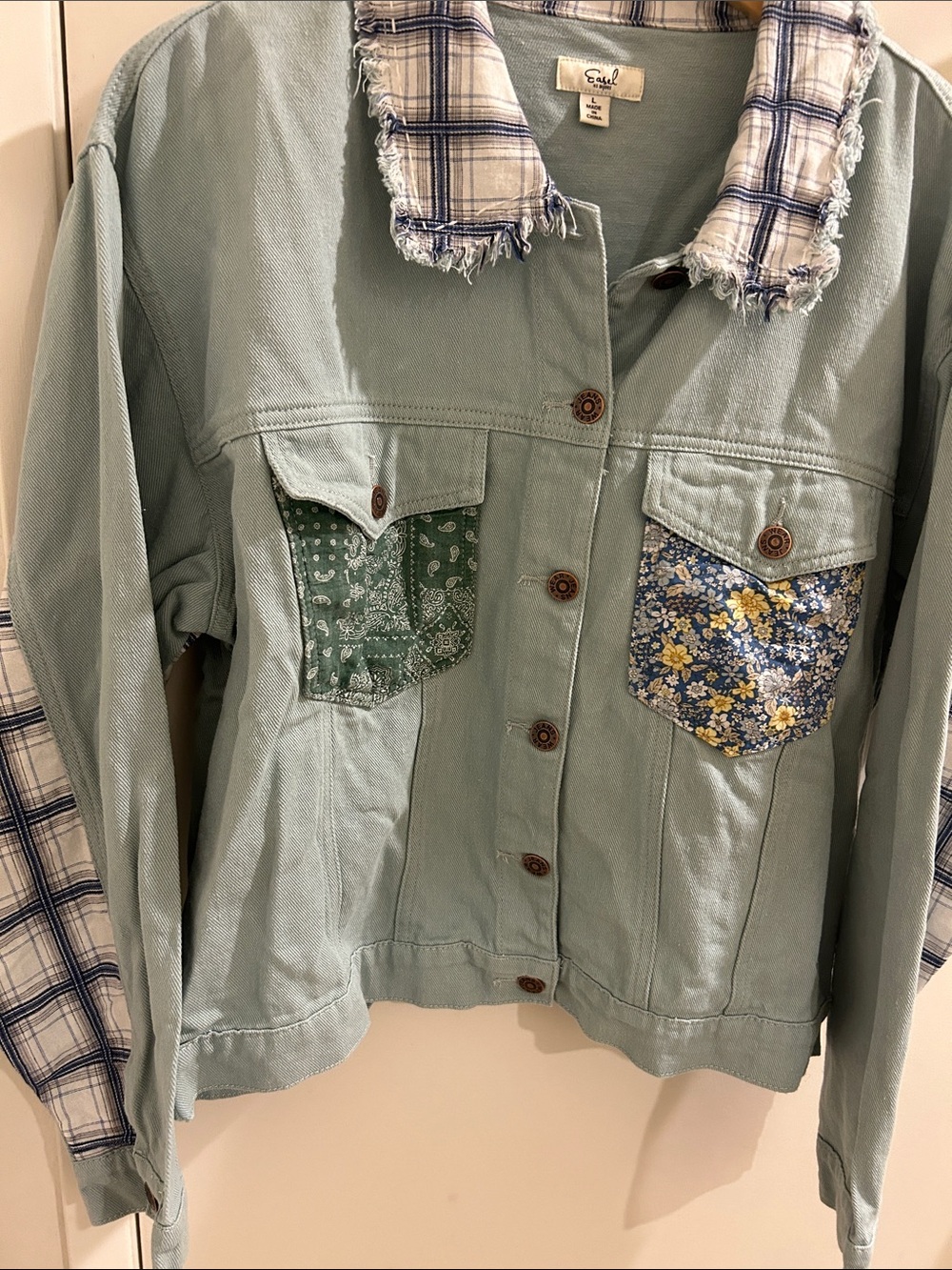 easel Sage Green Utility Jean Jacket with Mixed Patch Pockets